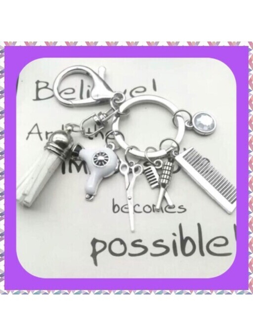 New Cute Hair Stylist Barber Shears & Comb White Tassel Silver Keychain